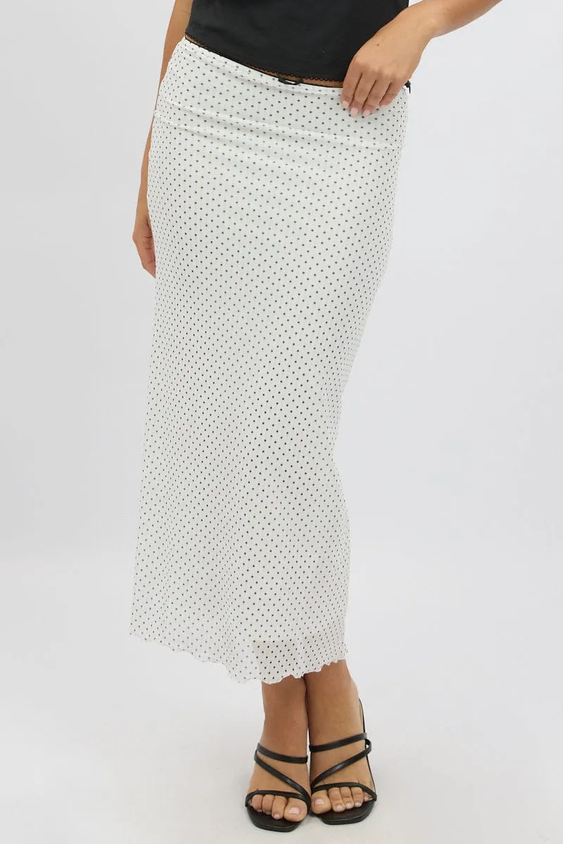 White Polka Dot Mesh Skirt Elasticated Picot Trim Midaxi