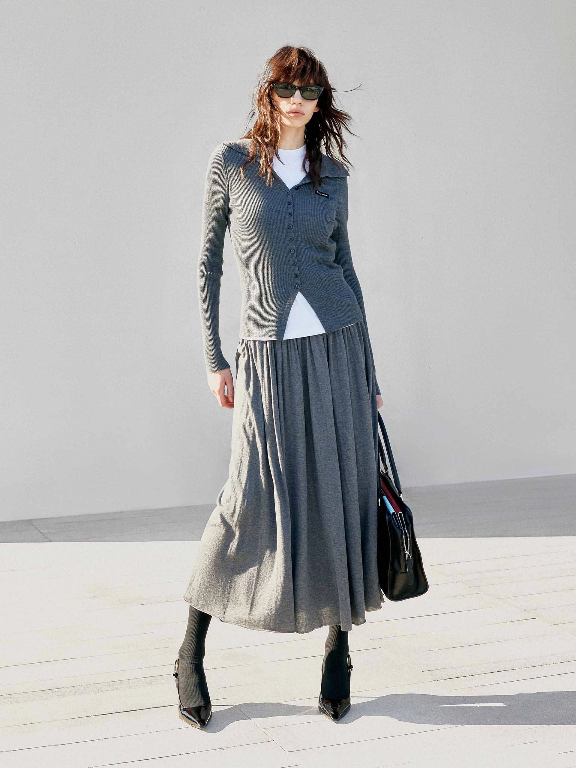 Wide Waist Pleated Skirt