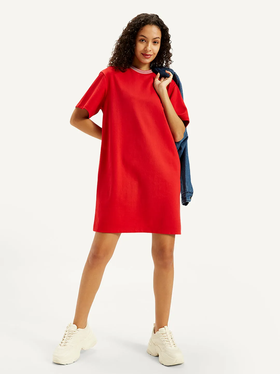 Women's Solid Red Crew Neck Dress