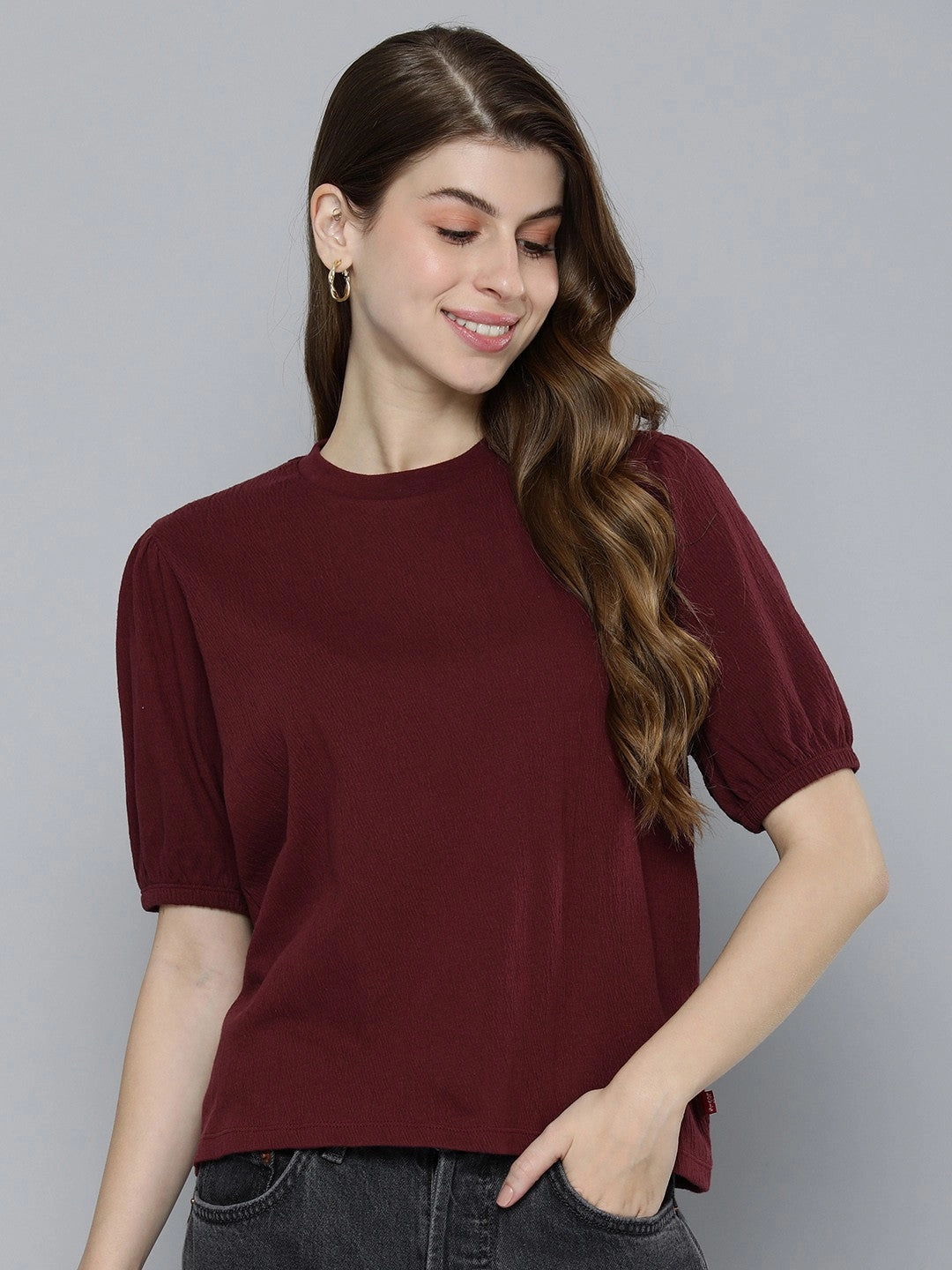 Women's Textured Maroon Round Neck Top