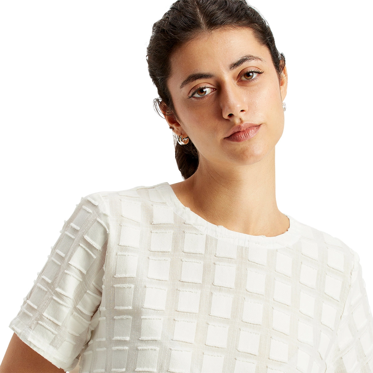 Women's Textured White Round Neck Top