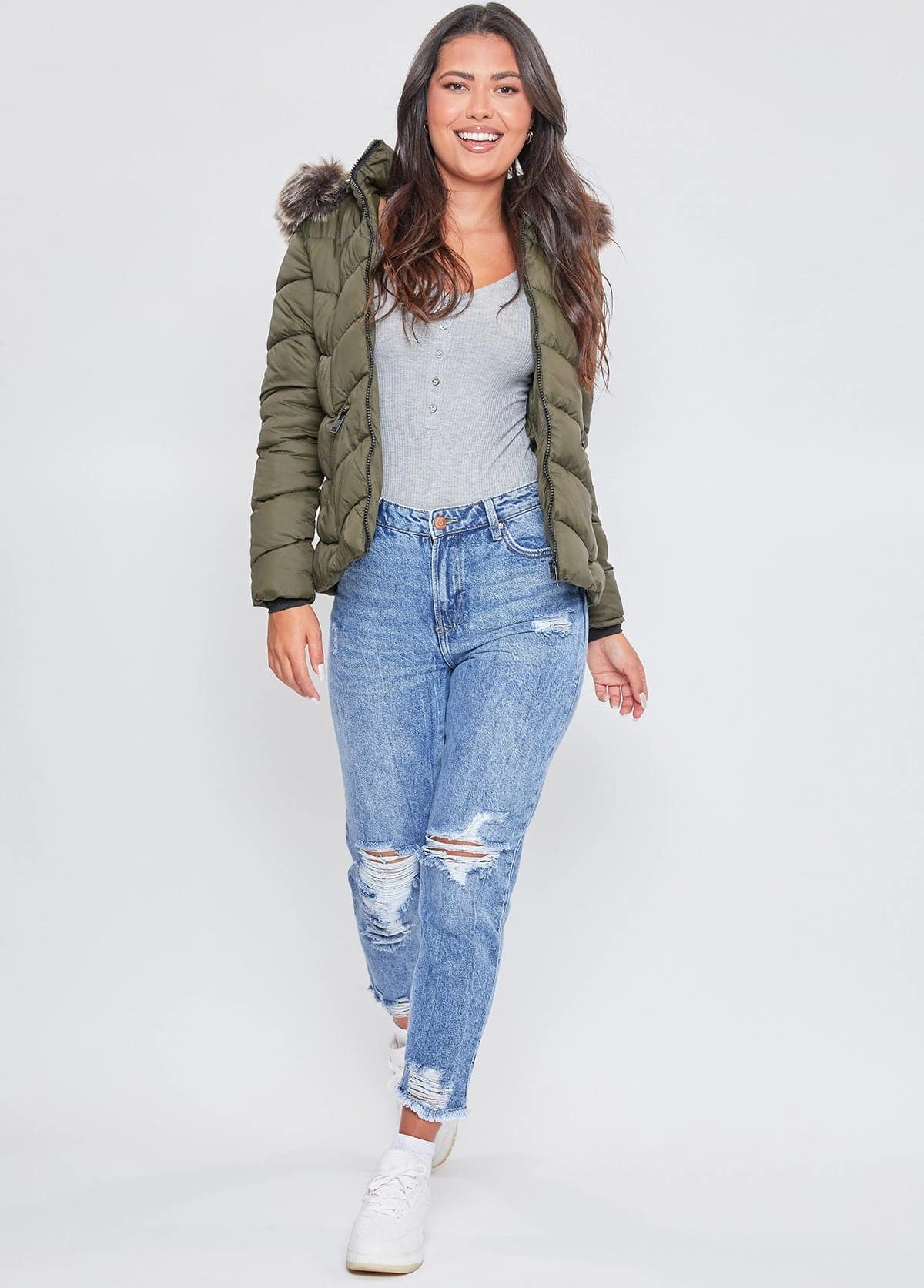 Women's Winter Puffer Jacket With Faux Fur Hoodie